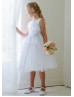 A-line Boat Neck Organza Knee Length Tiered Flower Girl Dress With Decorated Flower Sash